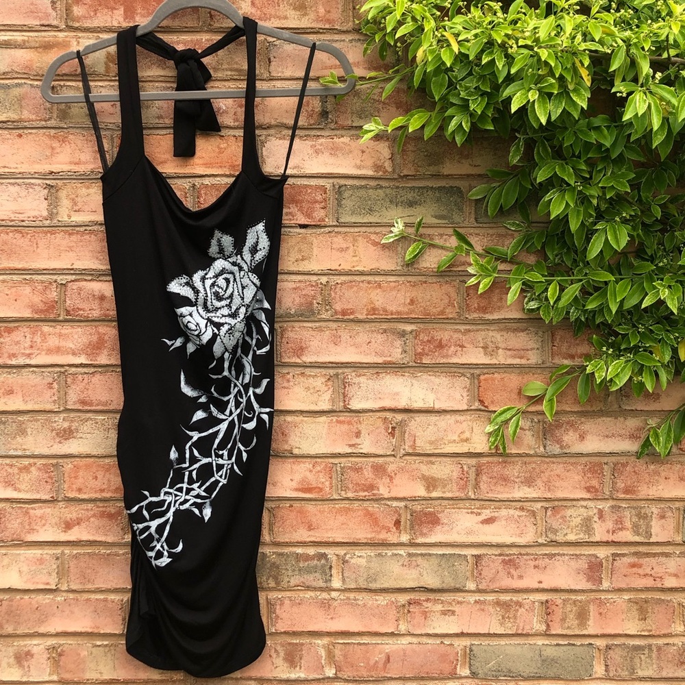 e-Klah gray diamond rose print black dress Sz S/XS